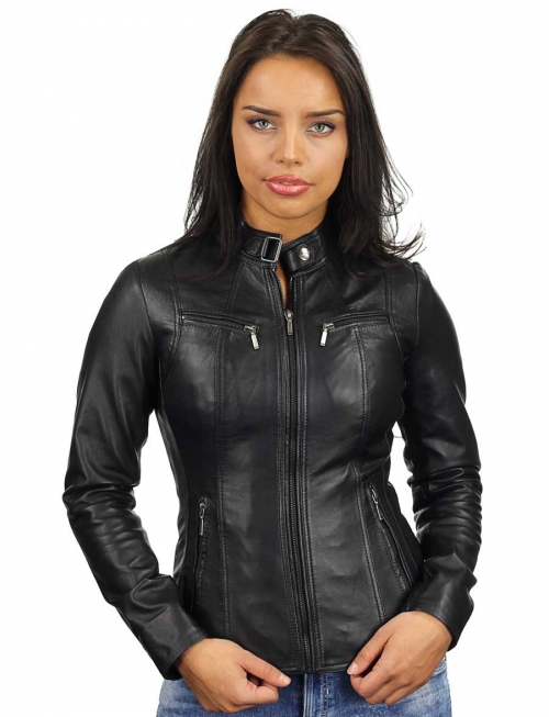 ladies-leather-jackets-black-round-collar-315-model 3