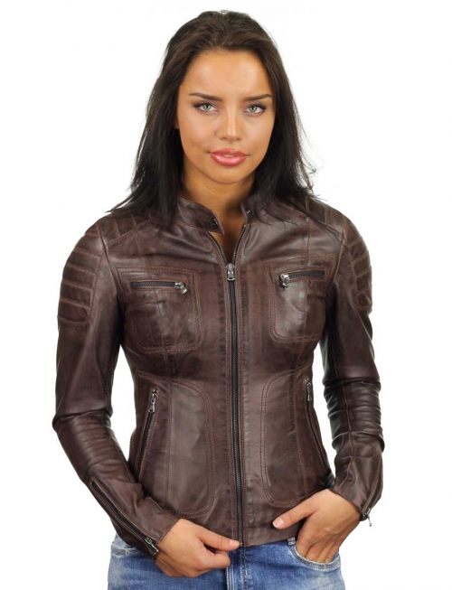 Leather biker jacket ladies Miami brown Versano
