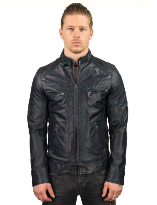 Leather jacket men Versano TR43 Blue