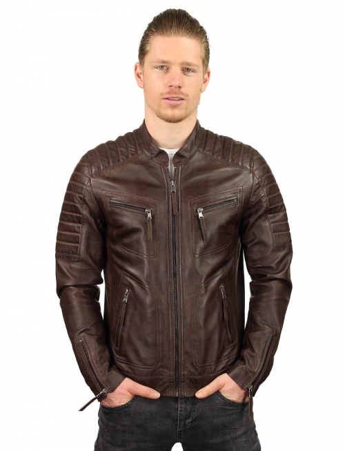 Leather jacket men's biker TR36 B brown Versano
