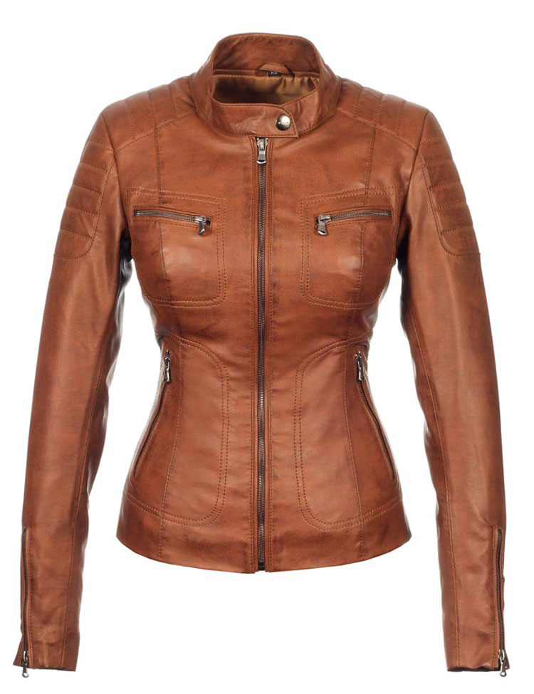 Ladies biker jacket imitation leather cognac Miami Versano