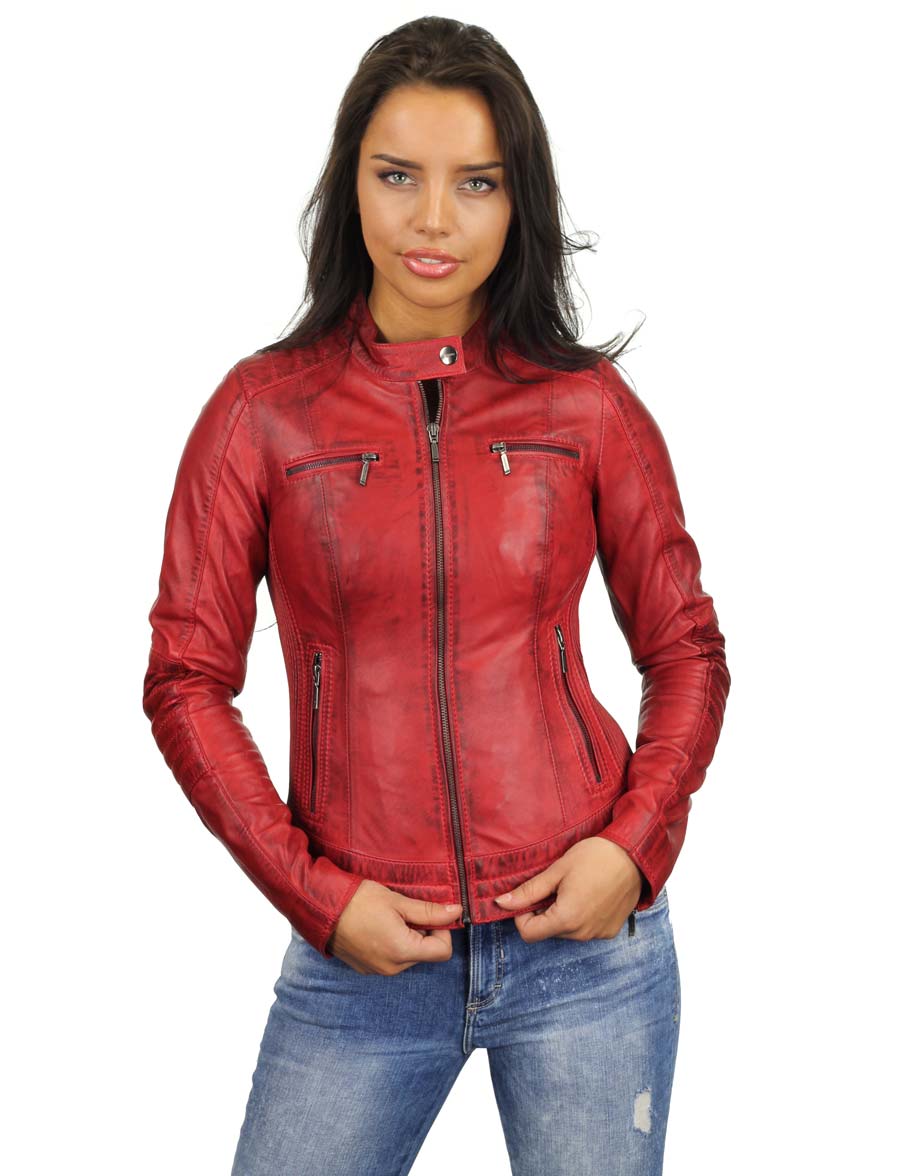 chaqueta de motociclista de imitación de cuero para mujer rojo 346 Versano