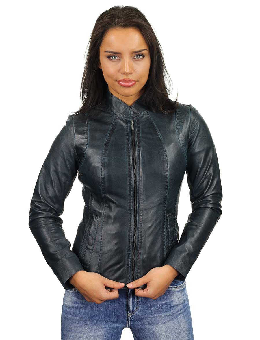 Leather ladies jacket basic blue Versano 301
