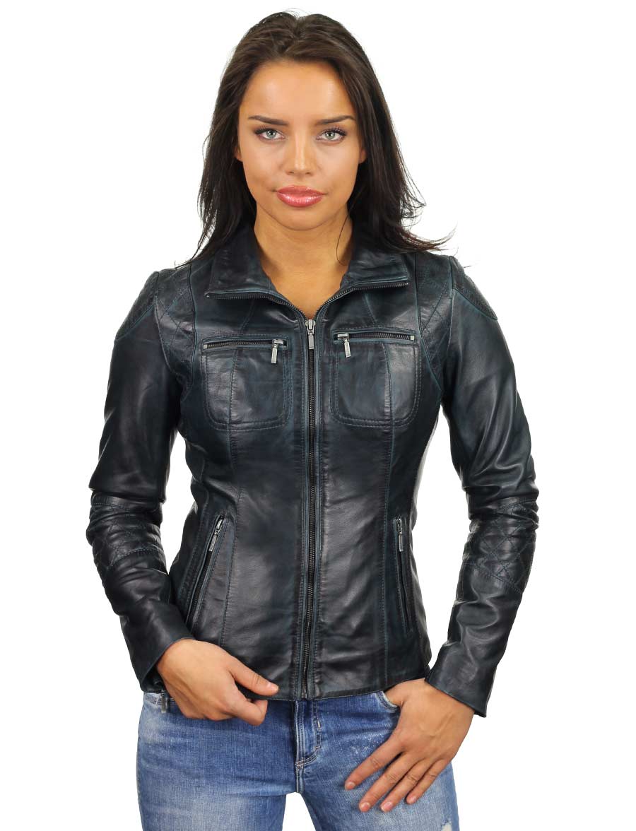 Leather ladies jacket 340 blue Versano