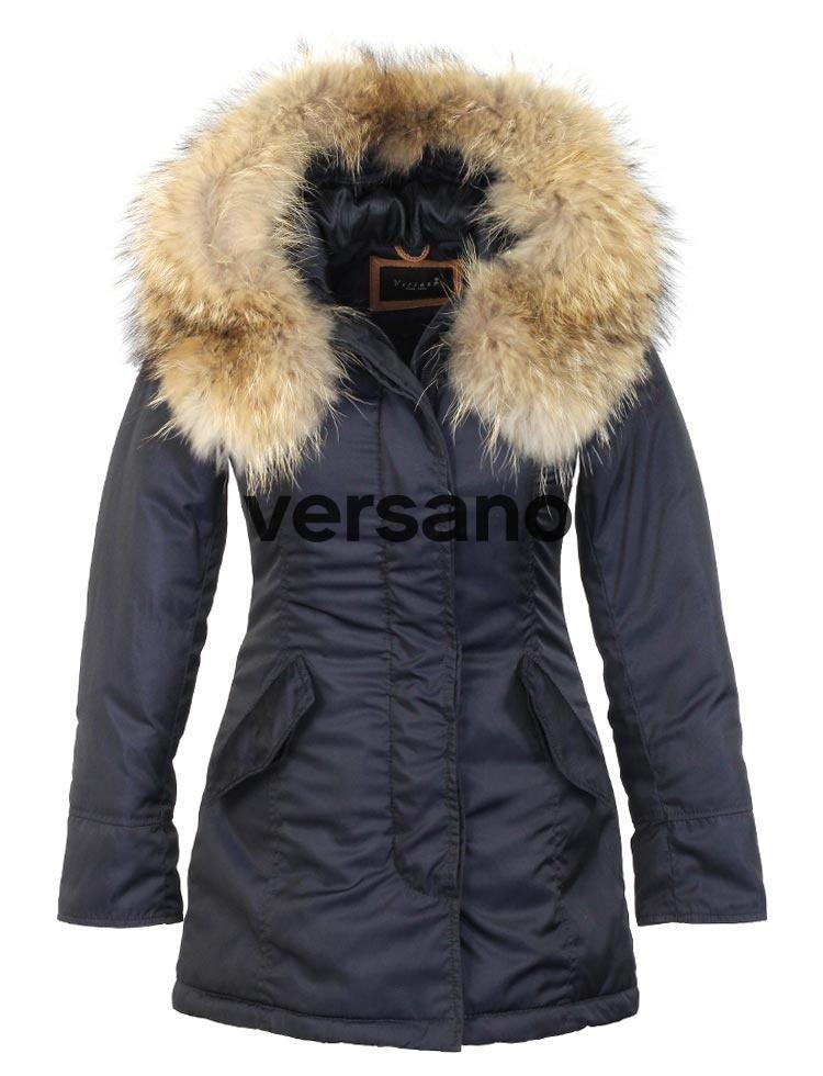 Versano half-length basic ladies winter coat with fur collar in black
