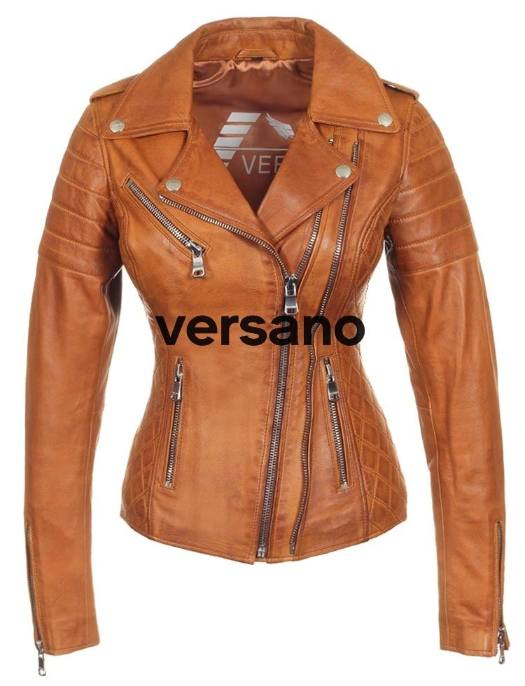 Leather biker jacket ladies cognac double zipper Versano 342