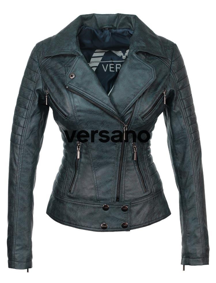 Ladies Biker Jacket Imitation Leather Blue Versano 336