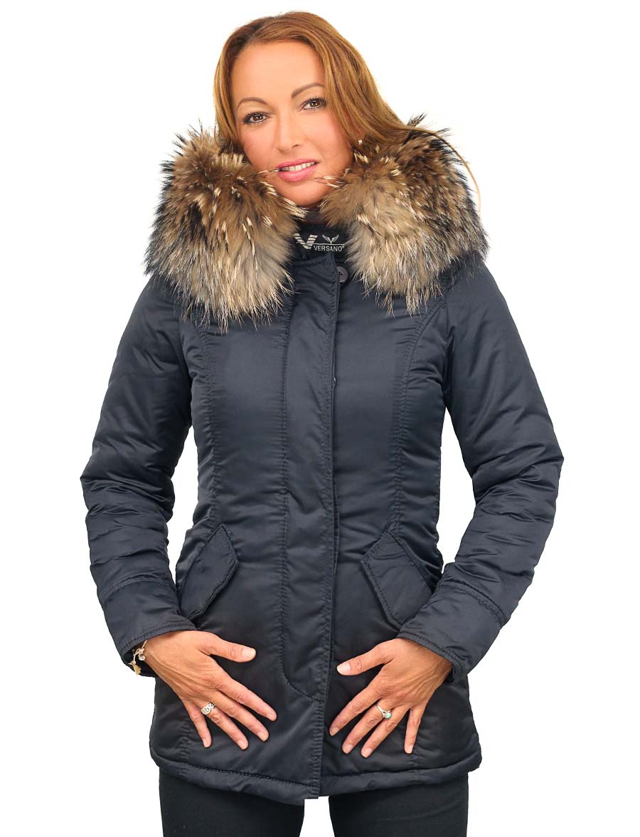 manteau d'hiver pour femme avec col en fourrure bleu Versano