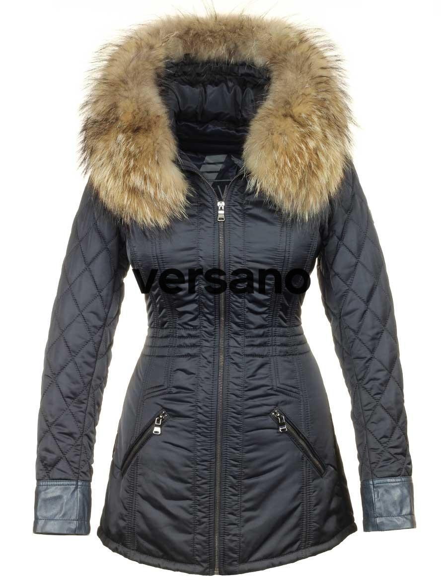 Manteau d'hiver pour femme Versano avec col en fourrure Bleu Charlet