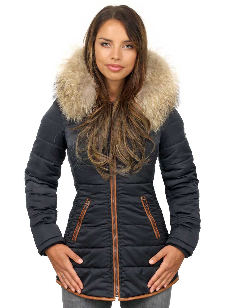 Mid-length ladies winter jacket Jenny blue/cognac Versano