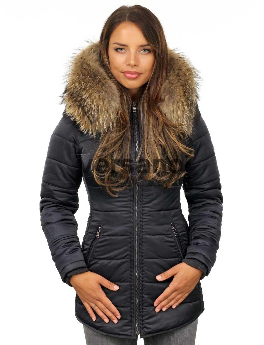 Half-length ladies winter coat with fur collar blue Genny Versano