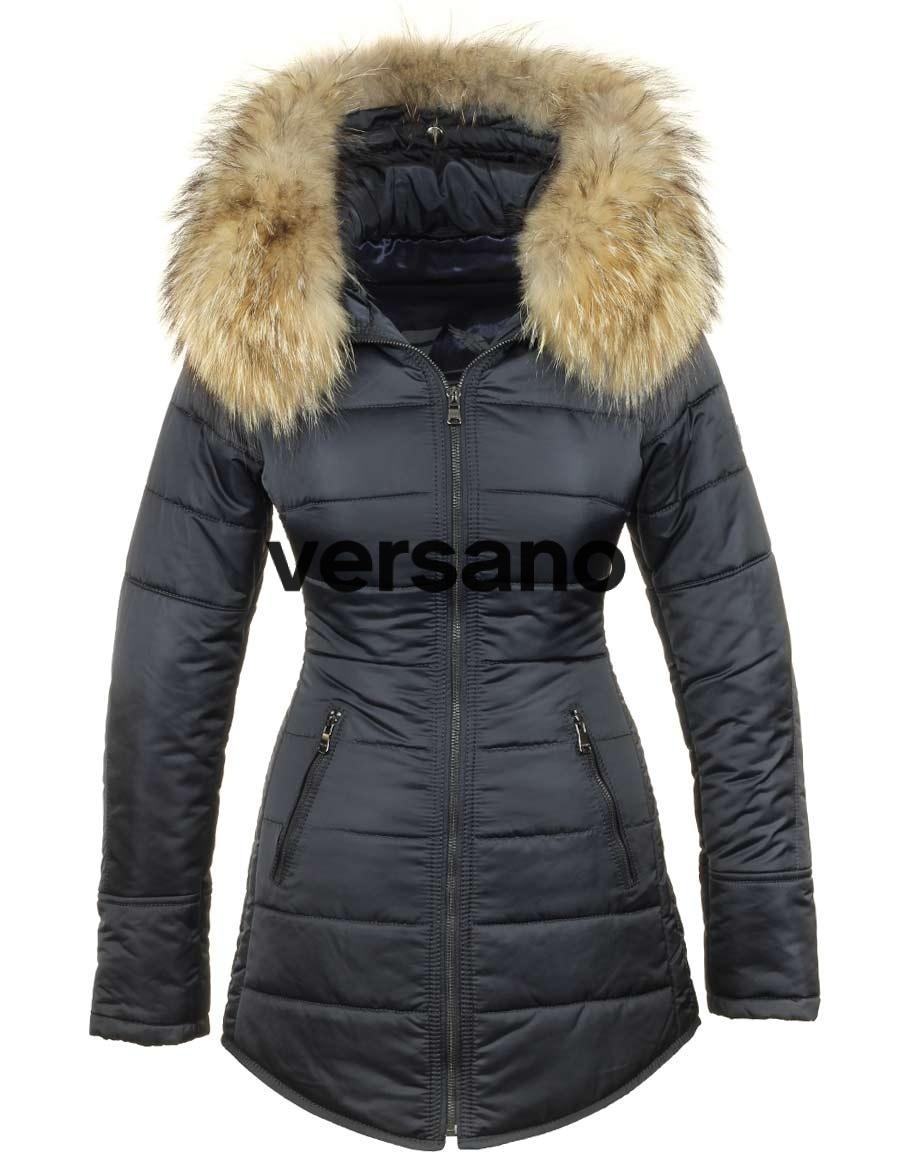 Manteau d'hiver mi-long pour femme avec col en fourrure bleu Genny Versano