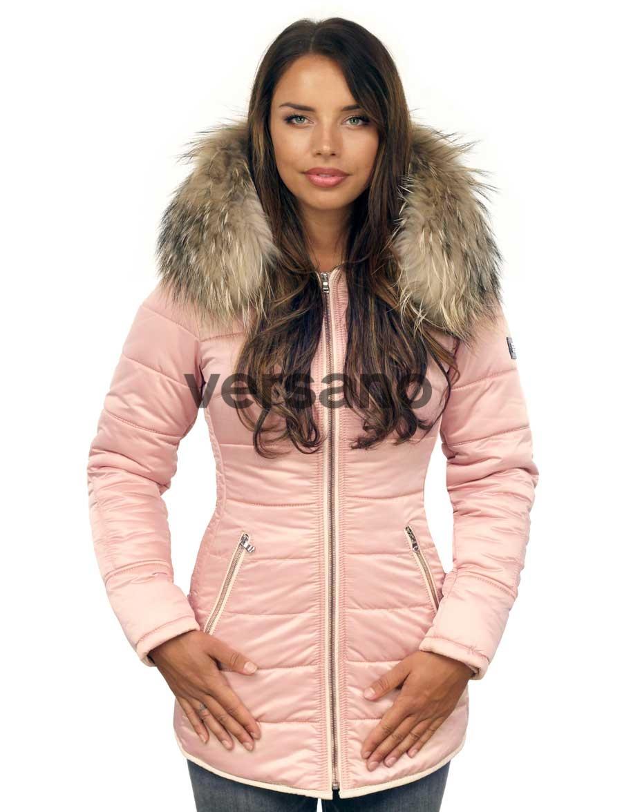 Manteau d'hiver mi-long pour femme avec col en fourrure rose Genny Versano