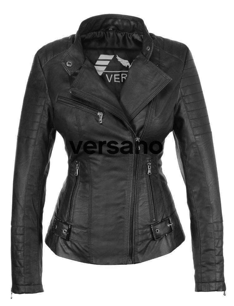 Imitation Leather Ladies Biker Jacket Black Versano 311