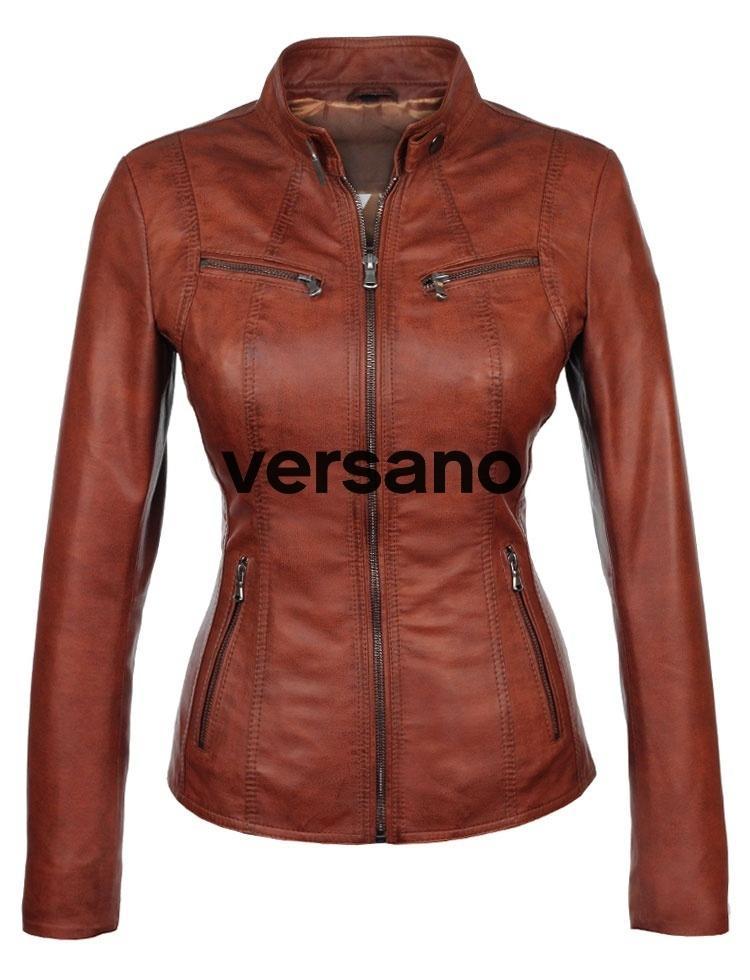 Imitation Leather Ladies Jacket Tan Versano 315
