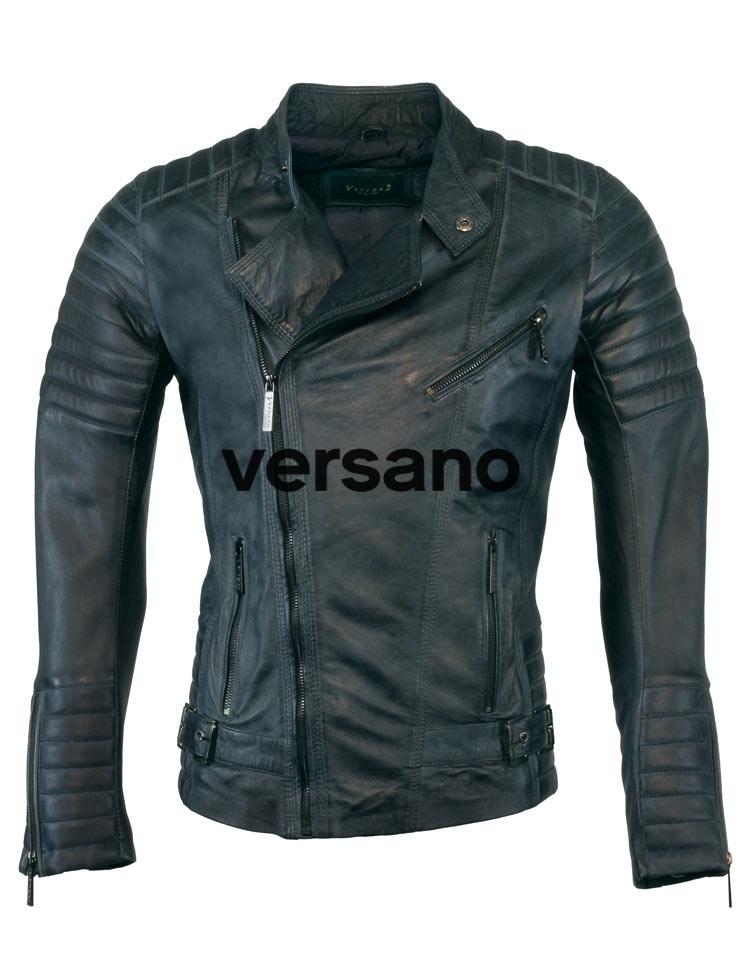 Men's Leather Biker Jacket Versano tr42 Blue