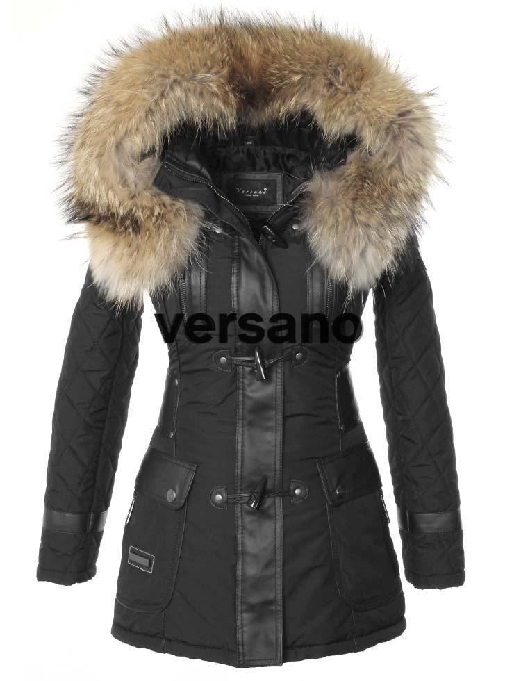 Manteau d'hiver pour femme Versano avec col en fourrure Grace Black