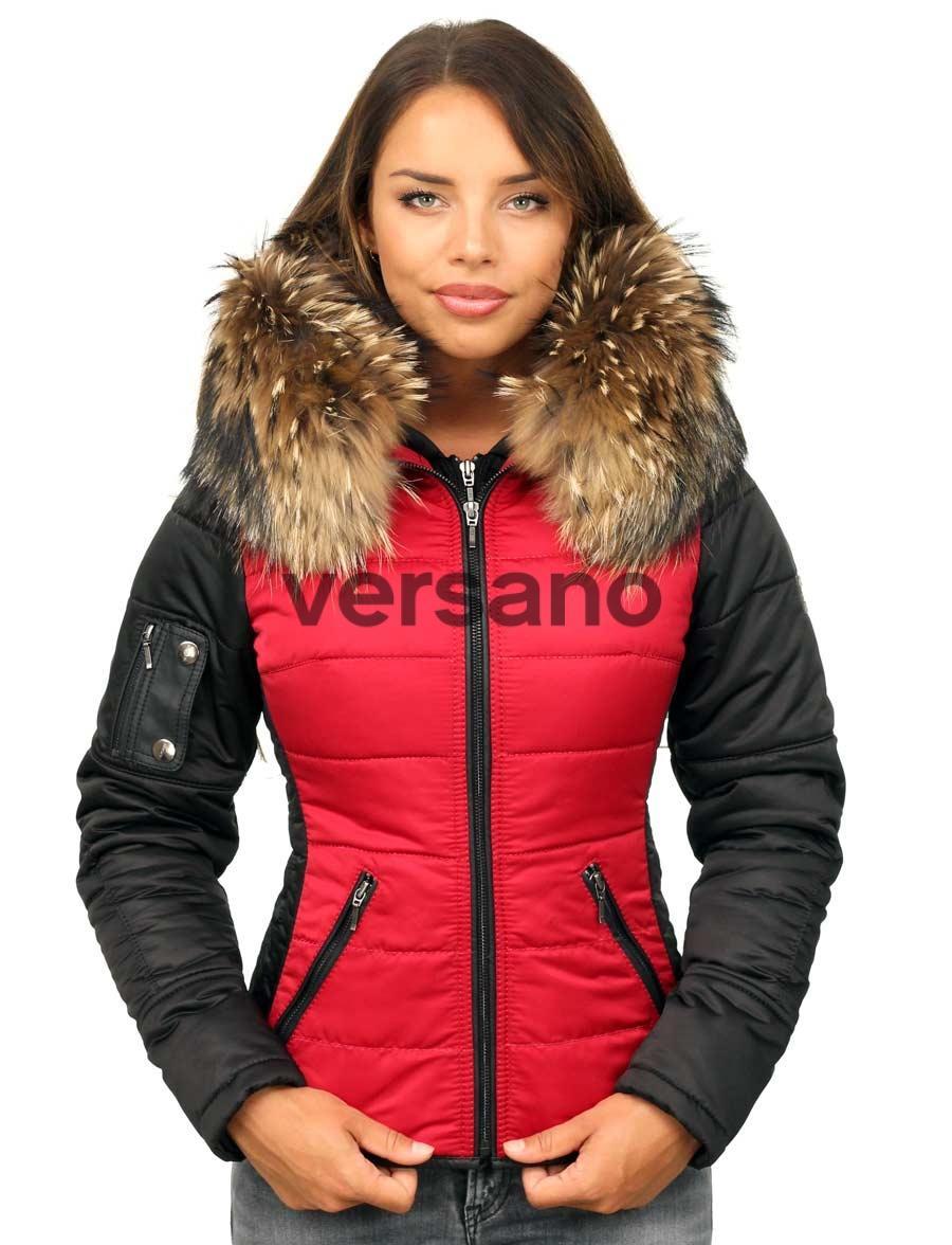 versano-manteau-d'hiver-femme-avec-col en fourrure-shamila-rouge-noir-model1