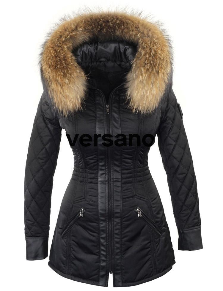 Manteau d'hiver pour femme Versano avec col en fourrure noir Charlet