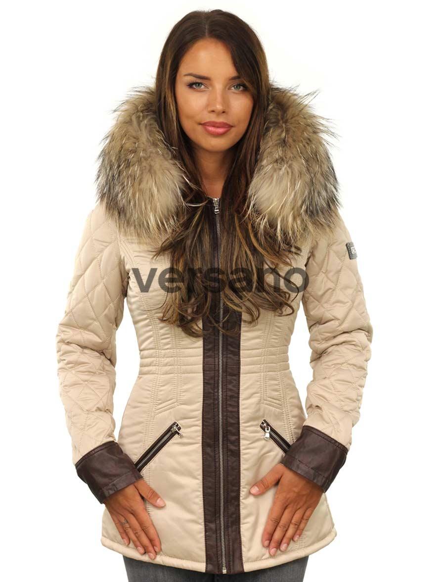 Abrigo de invierno Versano para mujer con cuello de piel Charlet Beige