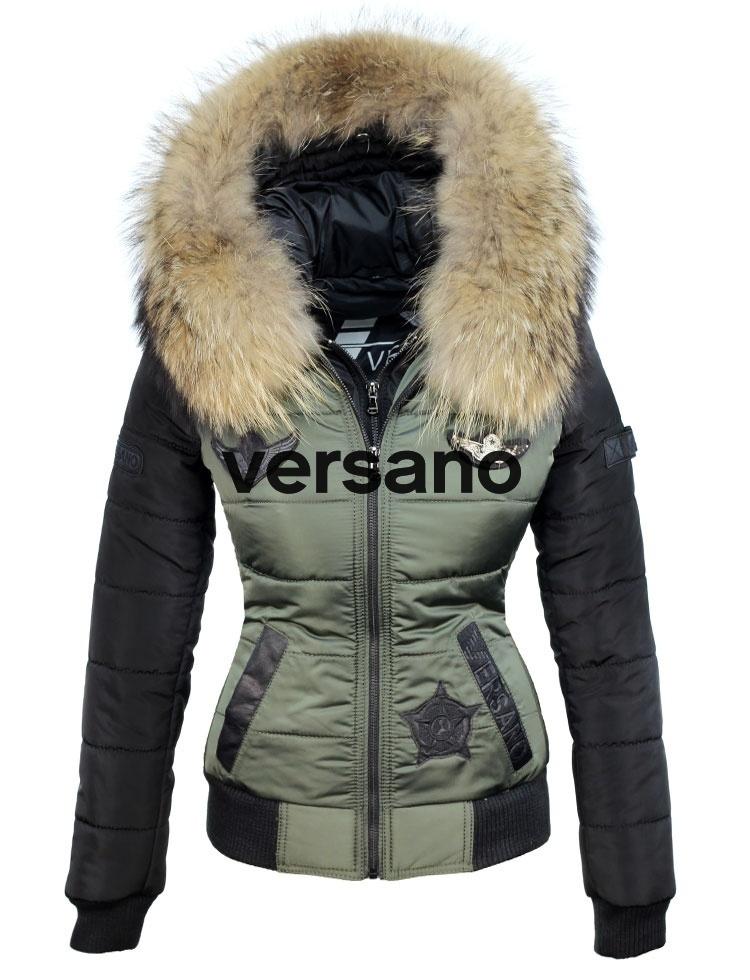Manteau d'hiver femme col en fourrure avec badges Versano Zara vert armée