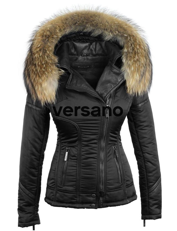 Manteau d'hiver pour femme Versano avec col en fourrure Karina Black