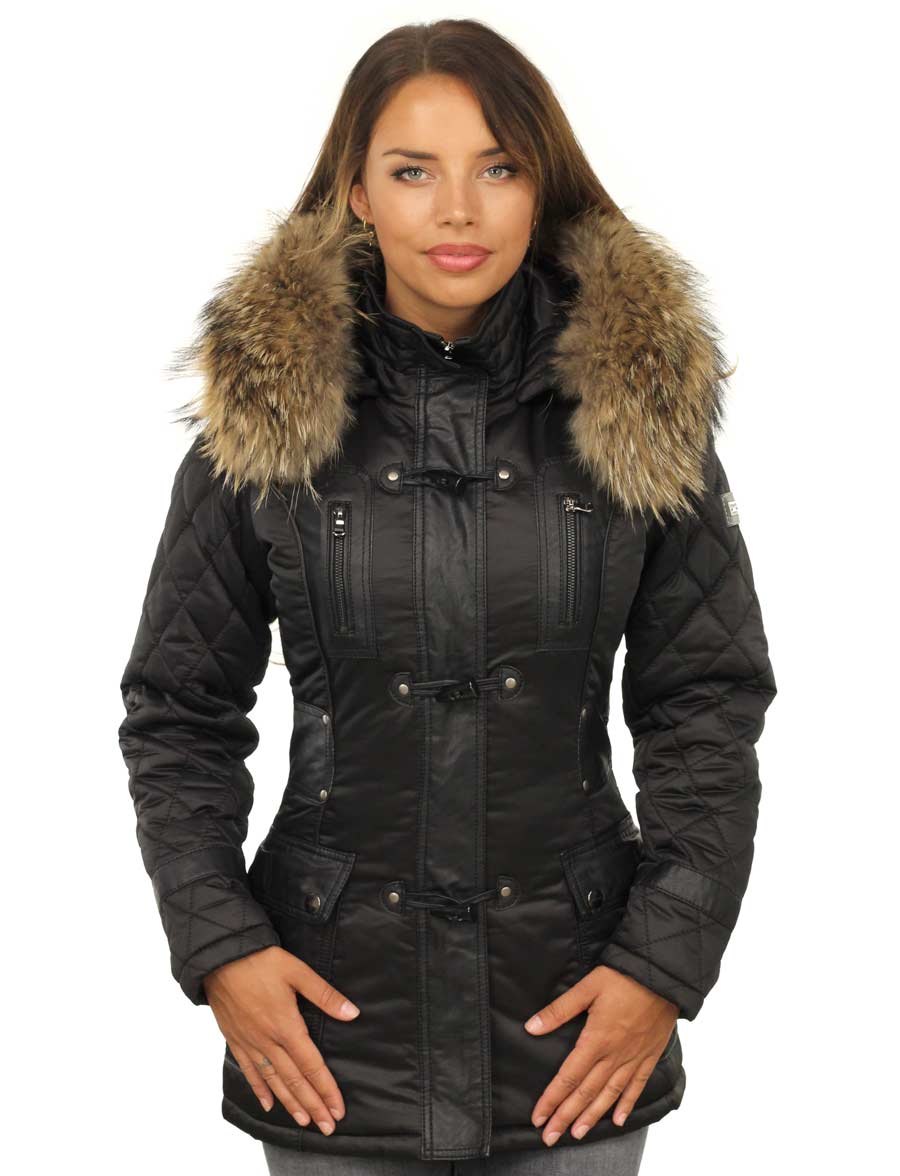 Manteau d'hiver pour femme Versano avec col en fourrure Grace Black