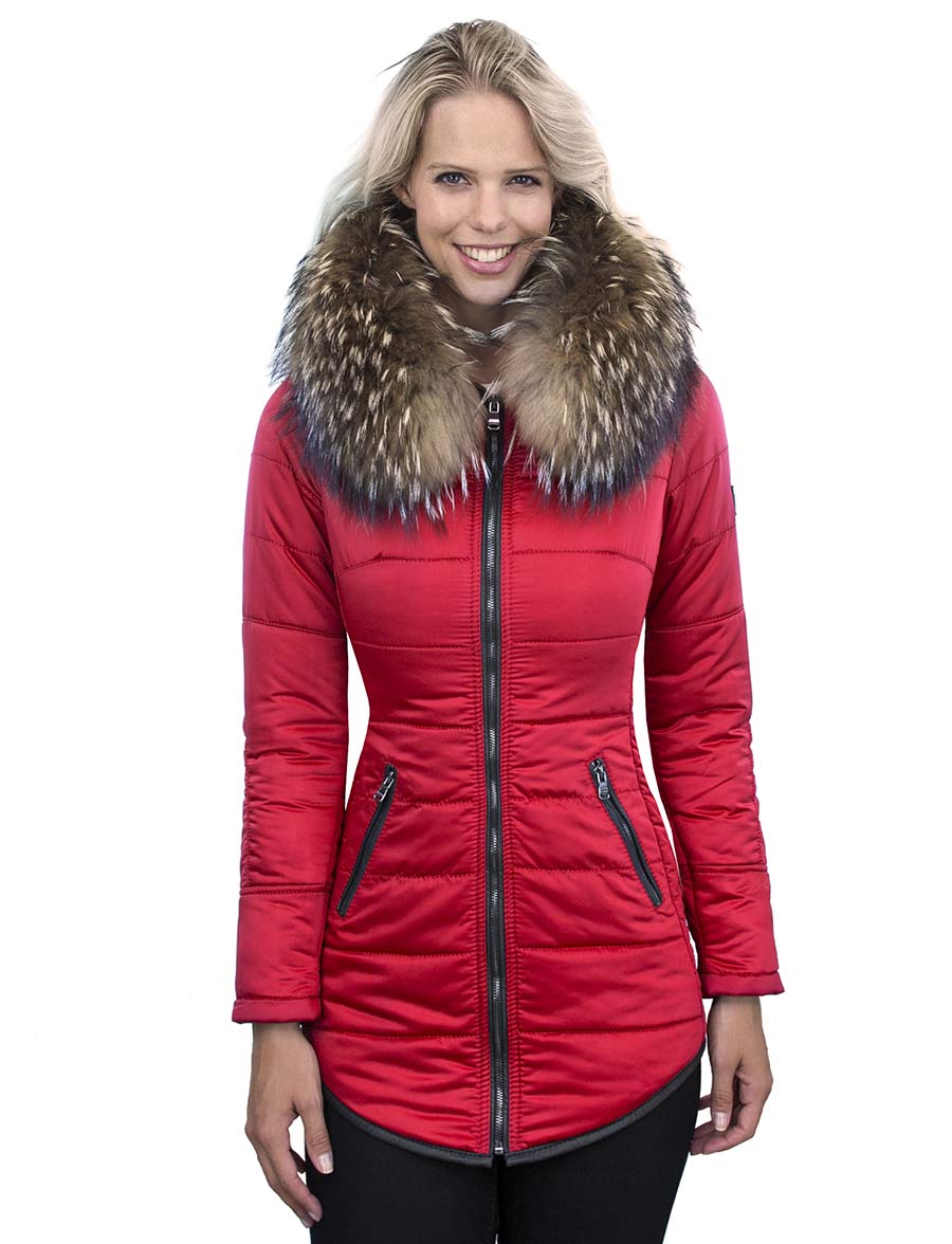 manteau-d'hiver-femme-avec-col en fourrure-demi-longueur-rouge-versano-genny-devant