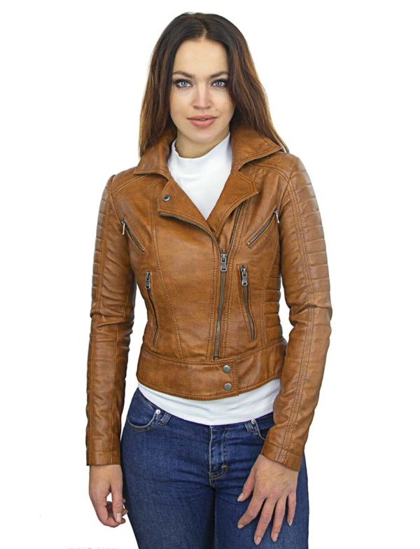 Ladies biker jacket synthetic cognac 351 Versano