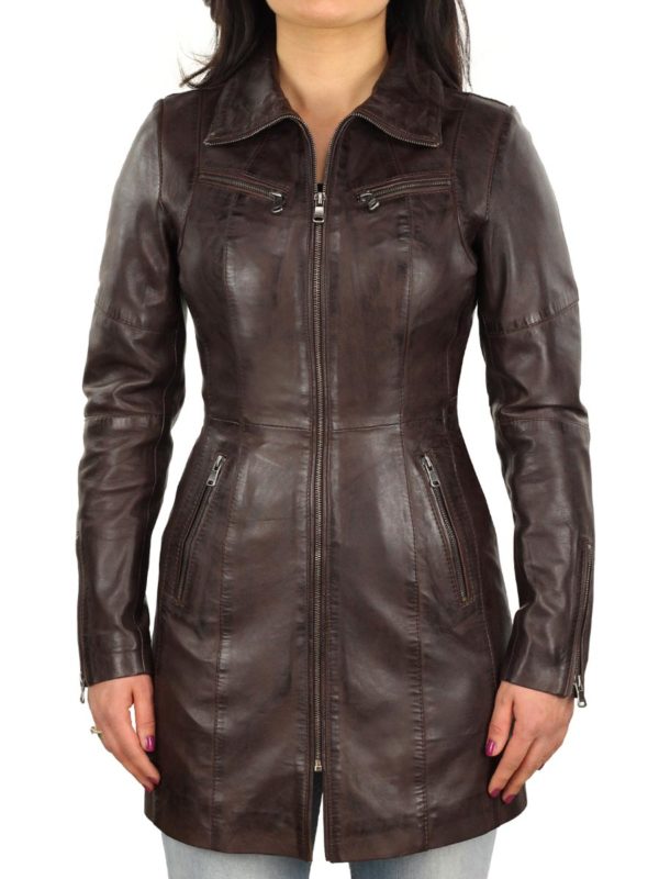 long leather ladies coat brown Versano 312