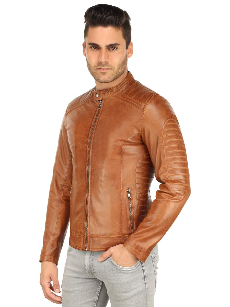 Leather biker jacket men Versano TR57 Cognac