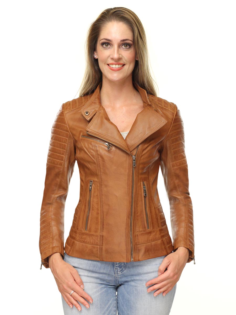 Leather ladies biker jacket cognac Versano 311 N
