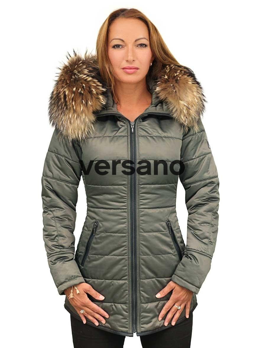 Abrigo de invierno de mujer de media longitud con cuello de piel verde Genny Versano