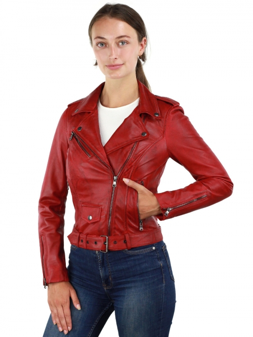 Ladies biker jacket with belt red Versano 350